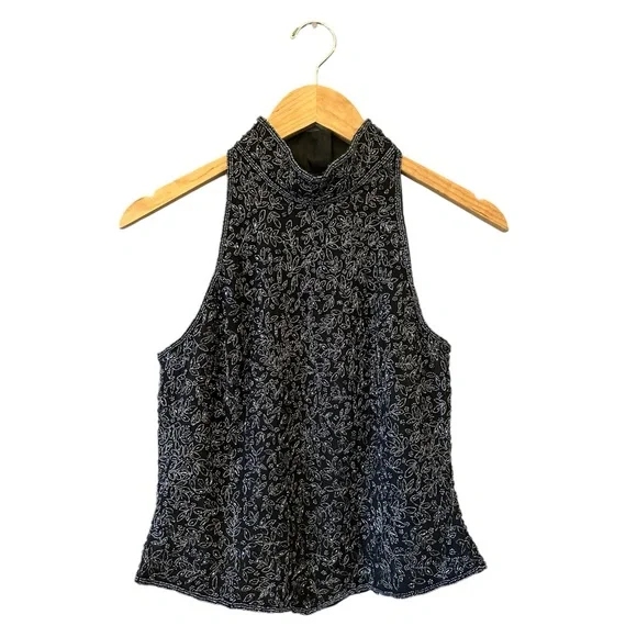 Vintage PAPELL BOUTIQUE Evening Black Silk Beaded Sleeveless Top Sz S/M Cocktail - Picture 2 of 5